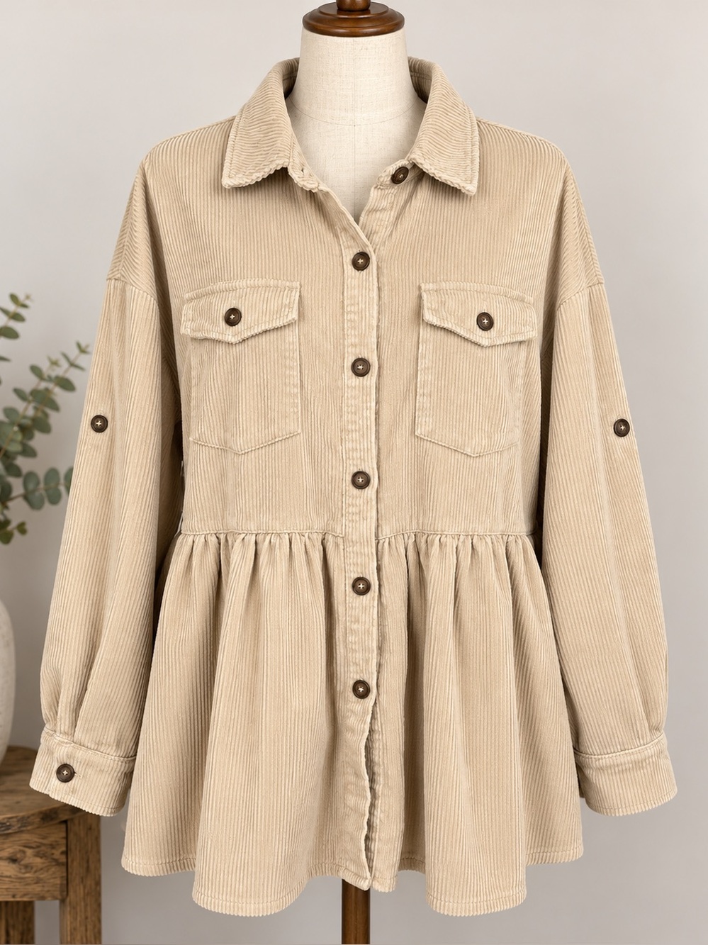 BiBi Beige Corduroy Peplum Button Front Jacket Shacket Size M